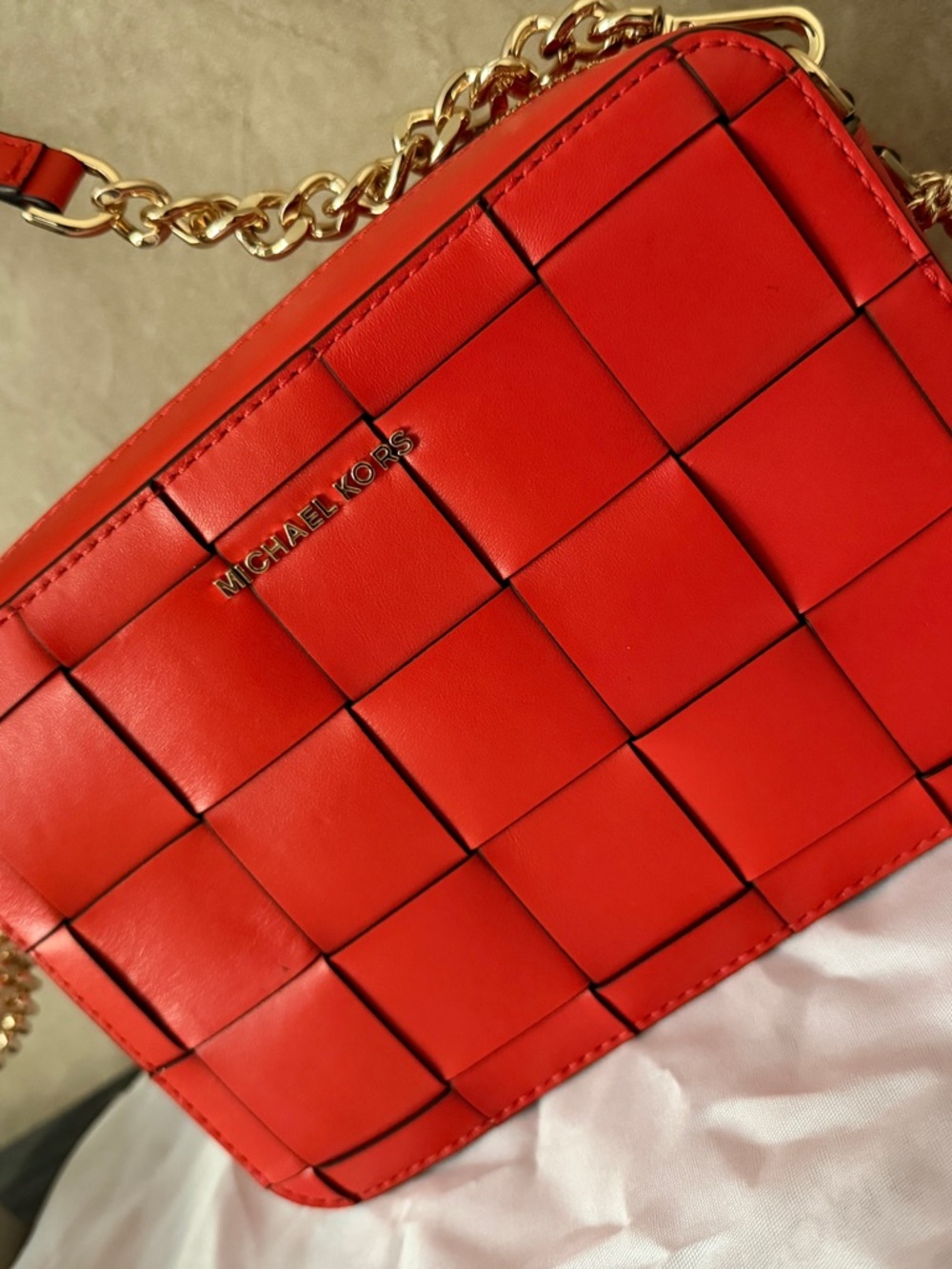 Michael Kors Red Woven Leather Crossbody with Gold Chain